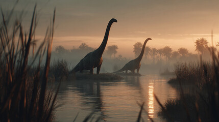 Two Brachiosaurus dinosaurs standing in a tranquil lake at sunset.