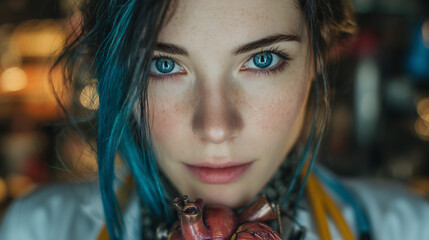 Close up A beautiful doctor white skin and blue hair holding heart on her hand.