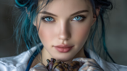 A beautiful doctor white skin and blue hair holding heart on her hand.