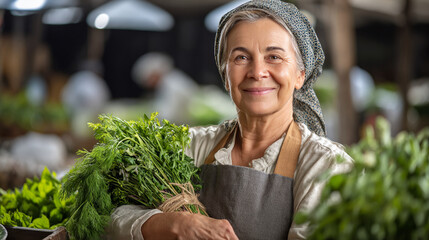 Smiling woman holding fresh herbs at a local farmers market