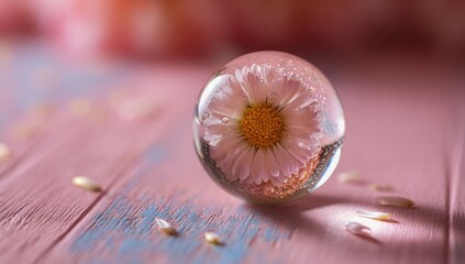 A pink daisy sits within a clear glass sphere, resting on a pale pink wooden surface.  Petals and soft light create a gentle, dreamy atmosphere