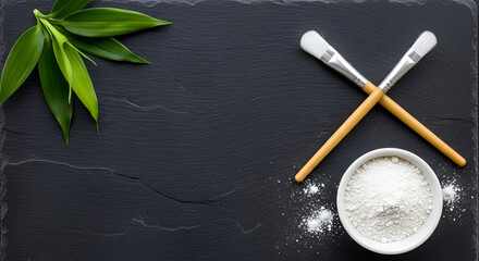 Bamboo Leaves and Skincare Tools on Dark Slate green