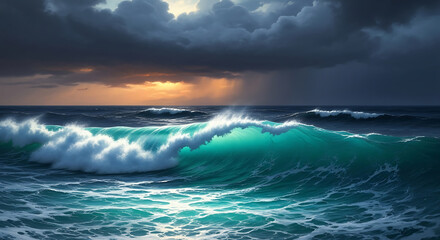 Dramatic ocean wave crashing at sunset with dark storm clouds overhead, powerful sea