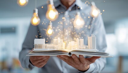 Person holds open book; miniature city model illuminated with lightbulbs