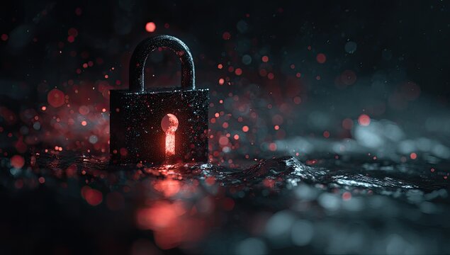 Dark macro of a padlock with keyhole glowing, surrounded by red bokeh, on a wet surface