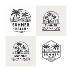 Fototapeta premium Summer Beach Vintage Logo Set With Palm Trees, Waves, And Ocean Elements 