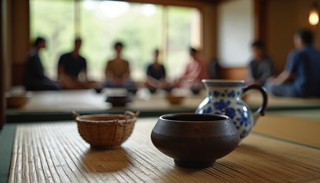 People gather indoors for a traditional Japanese tea ceremony. Cups and vessels are set on tatami mats. Soft light filters through the window.