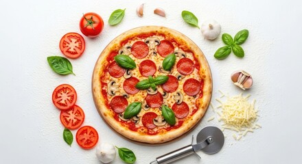Pepperoni Pizza with Fresh Ingredients Overhead View