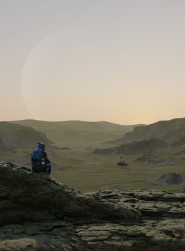 Space Ship Pilot Surveying Crash Site Wreckage, 3d digitally rendered science fiction illustration