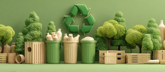 A stylized illustration shows recycling bins, trees, wooden crates, and the recycling symbol, all in a green theme