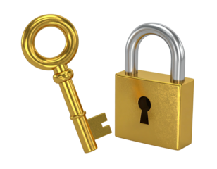 Golden key and padlock.  3D render