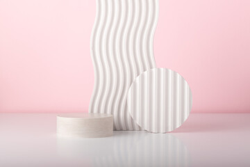 Minimal concept with gypsum props on pink background with copy space. Product placement or designs.