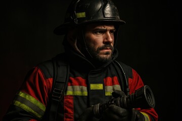 Obraz premium Portrait of a Determined Firefighter in Protective Gear with a Fire Hose