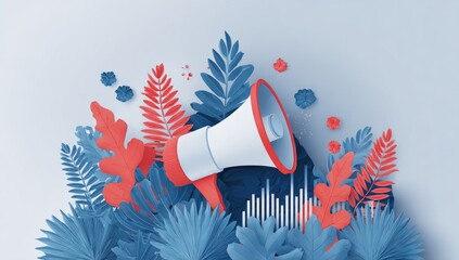 A red and white megaphone rests amidst stylized blue and coral foliage and sound wave graphics on a pale background; a 3D rendered image suggesting announcement or promotion