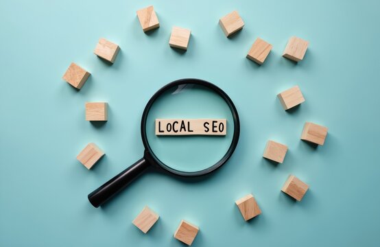 Magnifying glass inspects wooden blocks spelling LOCAL SEO. Small cubes scattered around, symbolizing growth or process. Focus on online visibility and search optimization.