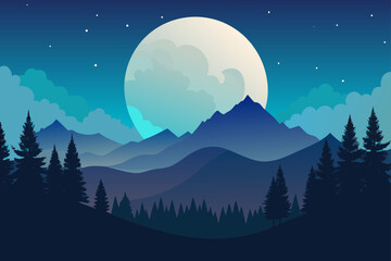 Serene night landscape with a giant full moon illuminating layered blue mountains and silhouetted pine trees under a starry sky