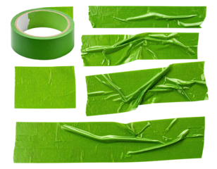 Assorted pieces of green adhesive tape, wrinkled and torn