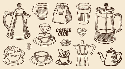 Hand-drawn vector set of coffee shope illustrations, suitable as icons or sketches for restaurant and cafe beverage design