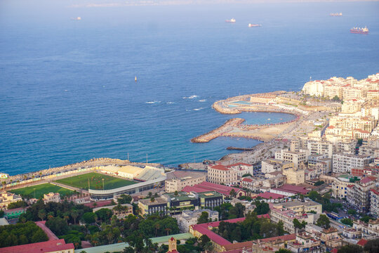 Alger the capital city of Algeria, North Africa, city centre of Algiers, the capital of Algeria, Landscape of Algiers city With port and mediterranean sea and white buildings, Arab Maghreb Africa.