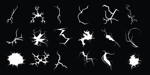 Collection of White Cracks and Fractures on a Black Background