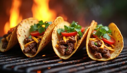 Four beef tacos on grill with fire in background. Filled with cheese, tomatoes, cilantro. Perfect for backyard barbecue party or mexican food blog.