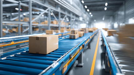 Obraz premium Cardboard boxes moving on blue conveyor belt in modern automated warehouse