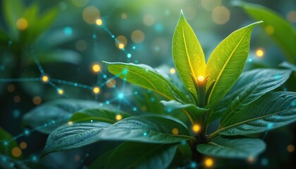 Vibrant green plant sprouts with glowing light in center. Digital network connections spread around bright leaves. Eco tech growth, sustainable innovation, energy, connected nature systems,