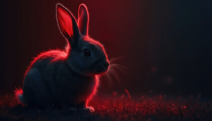 Small rabbit sits on grass illuminated by bright red light. Animal has long ears and whiskers against dark background. Creature is in profile view with sharp focus on its face.