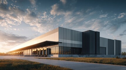 Fototapeta premium Modern warehouse building exterior with glass windows and metal facade at sunset