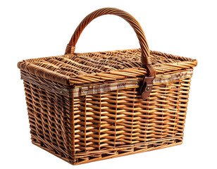 Rectangular woven wicker picnic basket with handle