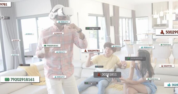 VR gamer pumping in living room as friends tapping tablets and boosting rising engagement metrics