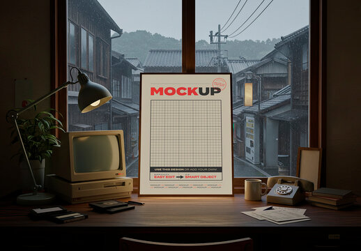 Vertical Poster on Desk with Vintage Computer