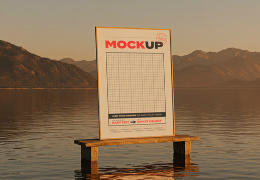 Vertical Poster on Wooden Bench on Lake Mockup