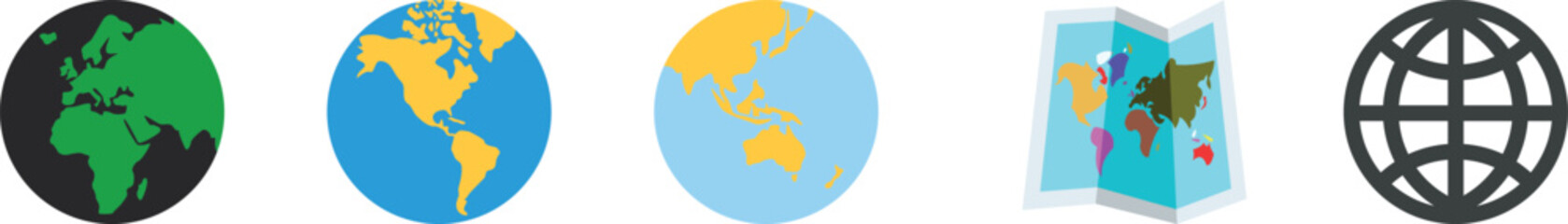 Colorful globe and world map icons representing global geography, travel, and international connection. Perfect for education, navigation, and environmental concepts. Ideal for web, app, 