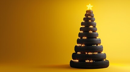 Creative Christmas Tree Made of Car Tires with Glowing Star on Yellow Background, Automotive Holiday Season Celebration Concept