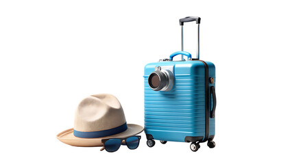 3D Minimal Travel Setup with Blue Suitcase, Sunglasses, Hat 