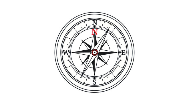 Detailed Black and White Compass Pointing North Direction.