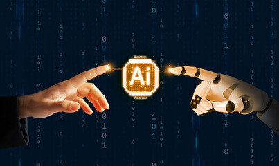 Powerful futuristic concept showing human and robotic hands touching through glowing AI quantum processor. Connection between technology, artificial intelligence, next-generation innovation.