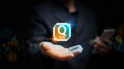 Powerful futuristic concept of quantum processor technology in human hand. Advanced AI computing, innovation, digital transformation for next-generation data processing and communication.