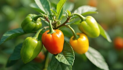 Closeup shows vibrant Scotch Bonnet peppers on plant in garden. Colors range from green to orange. Leafs and stems are lush. Peppers are organic, fresh, ready for cooking use.