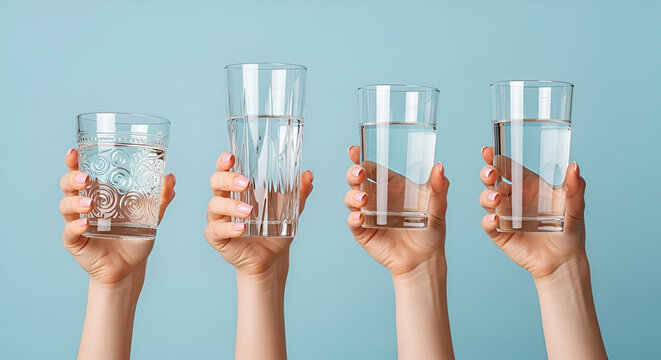 Four Hands Holding Glasses of Water drinking