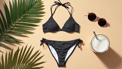 Flat lay of polka dot bikini set with sunglasses drink palm frond. Beachwear summer outfit and tropical leaf for vacation holiday at sea resort. Fashion swim poolside.