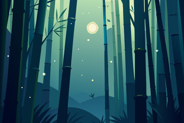 Enchanting bamboo forest at night with a full moon and fireflies creating a magical and serene atmosphere
