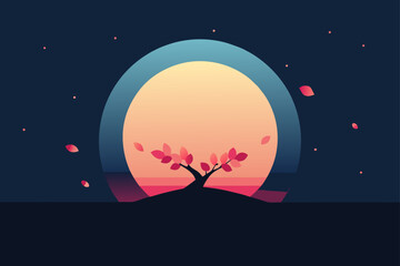 Naklejka premium Stylized minimalist illustration of a lone tree with pink leaves silhouetted against a large gradient moon and dark night sky with falling petals