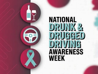 National drunk and drugged driving awareness week graphic with icons for alcohol driving and awareness ribbon