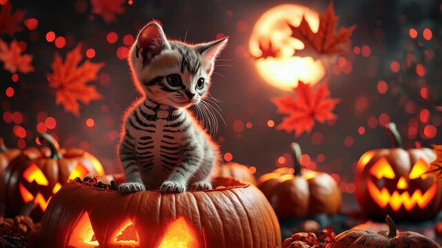Halloween Kitten with Skeleton Patterned Fur Carved Pumpkin Surrounded by Autumn Leaves and Glowing