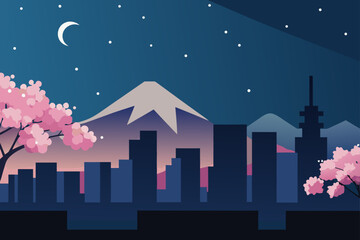 Fototapeta premium Serene japanese cityscape at night with mount fuji cherry blossoms and a crescent moon illuminating the starry sky above silhouetted buildings