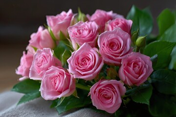 A bouquet of pink roses arranged on a gray surface with green leaves