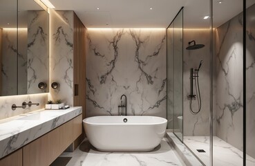 Fototapeta premium Modern bath interior with marble walls. Bathtub near glass shower stall in luxury apartment. Contemporary bathroom design in hotel. Room with mirror, sink, plants, lighting. Stylish furniture indoors.