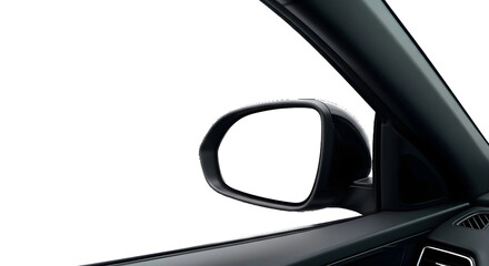 Car side view mirror with a blank white screen for mockup or copy space. Isolated on transparent background, png
